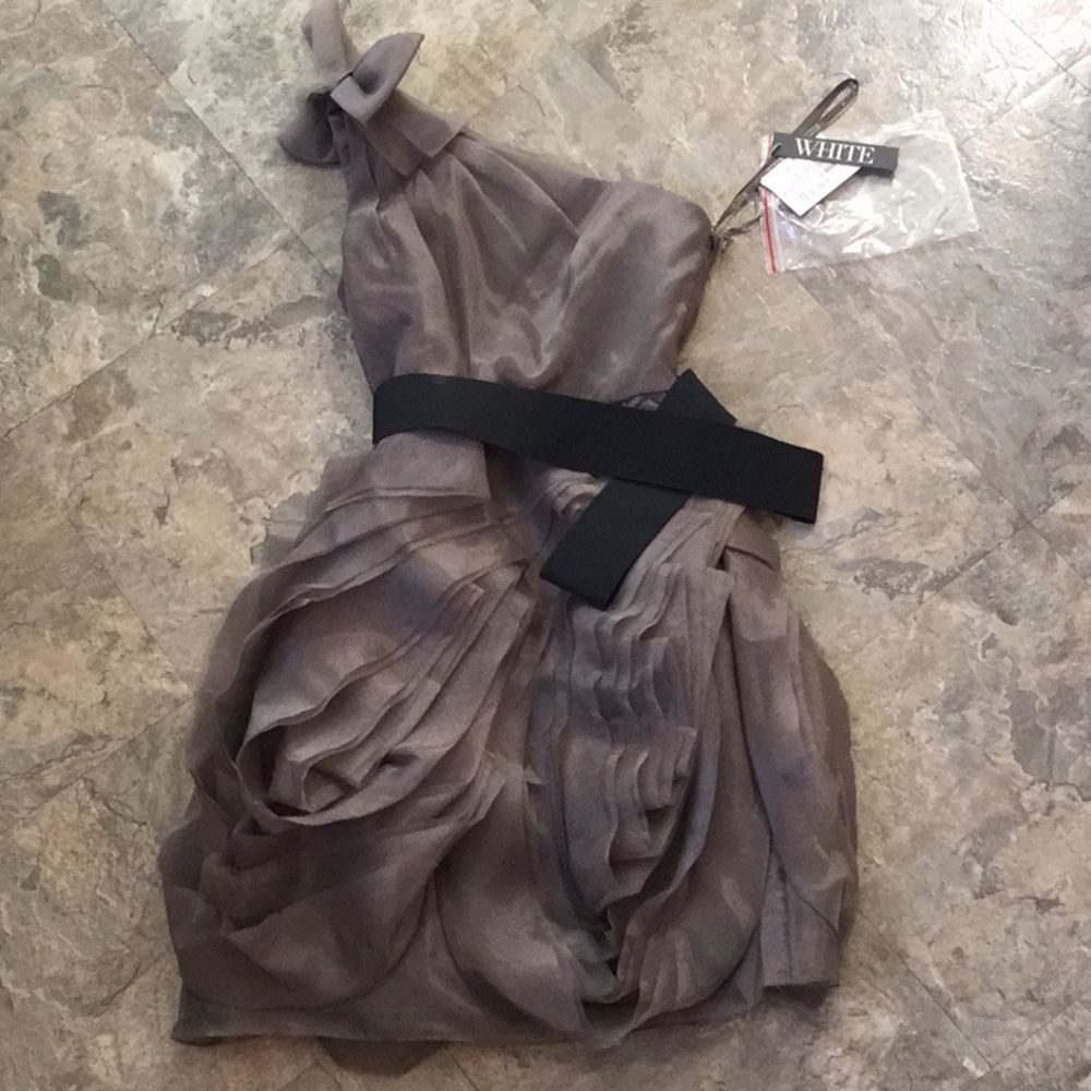 New white Vera Wang David’s bridal gray dress 2